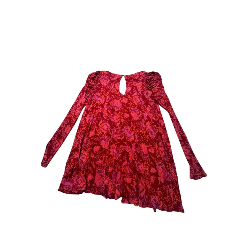 Free People Hello Lover Tunic Top Womens S Red Floral Long Sleeve Puff Shoulder